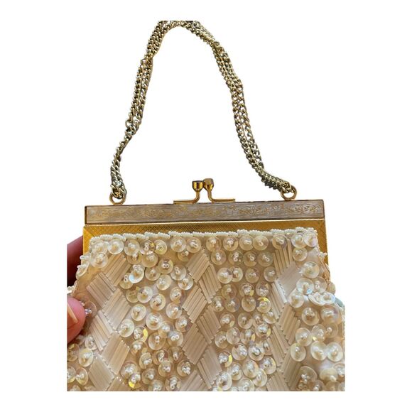 Vintage ivory sequined beaded evening bag gold kisslock chain strap glam retro - Picture 6 of 13